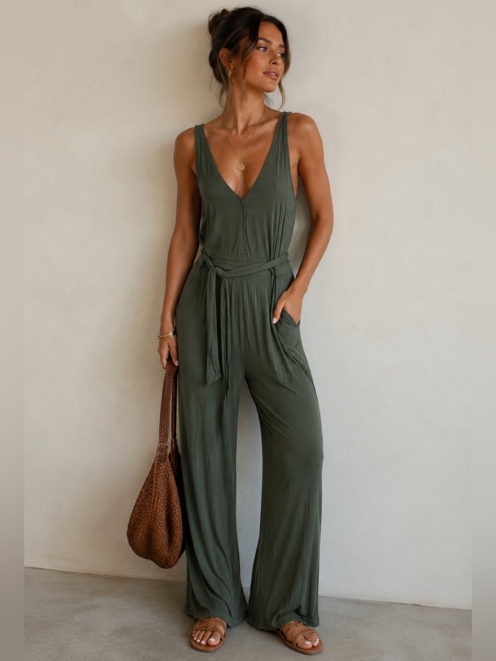 NWT Abercrombie and Fitch Olive Sleeveless Button Jumpsuit